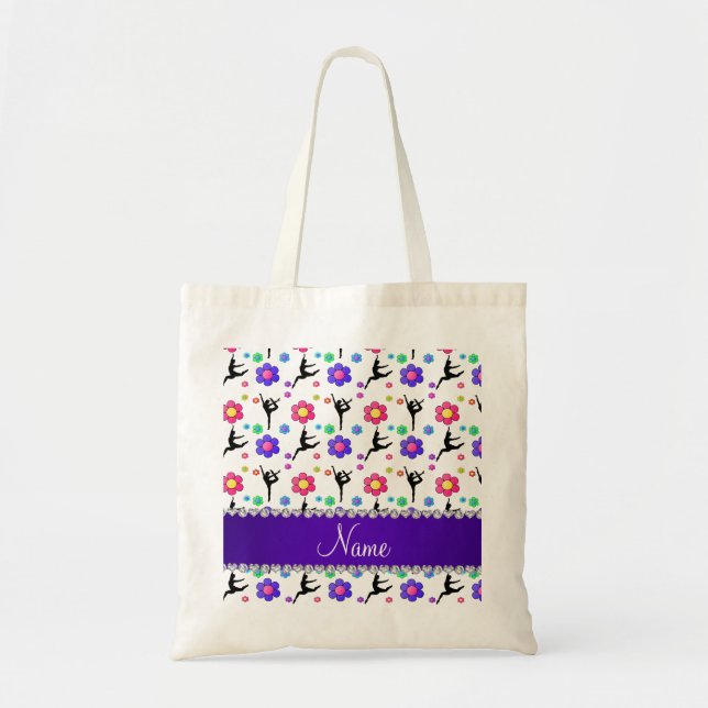 Bolsa Tote Flores de ginástica branca de nome personalizado (Frente)