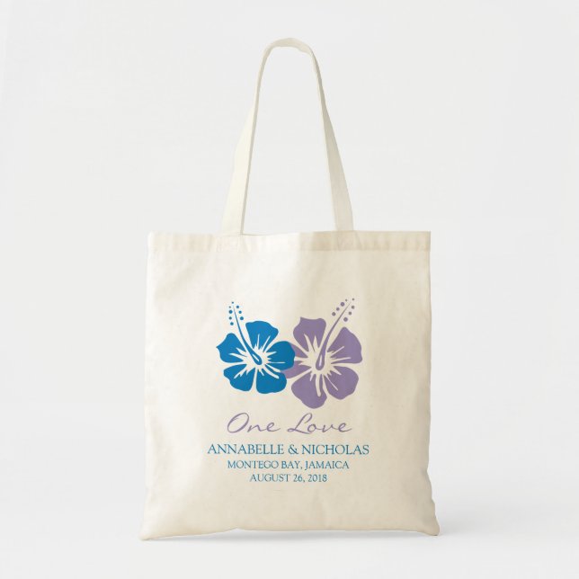 Bolsa Tote Flores de Hibiscus Real Azul e Lavanda | Casamento (Frente)