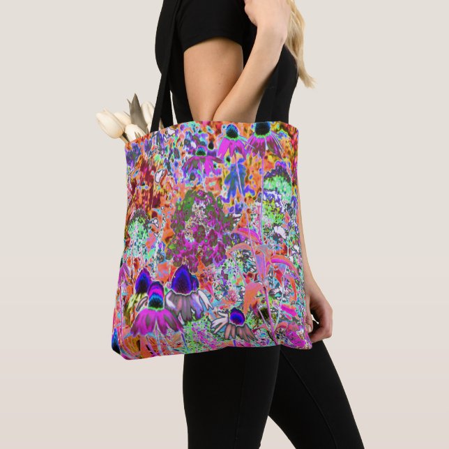 Bolsa Tote Flores de Jardim Rosa Quente e Verde Lima Psicodél (Close Up)