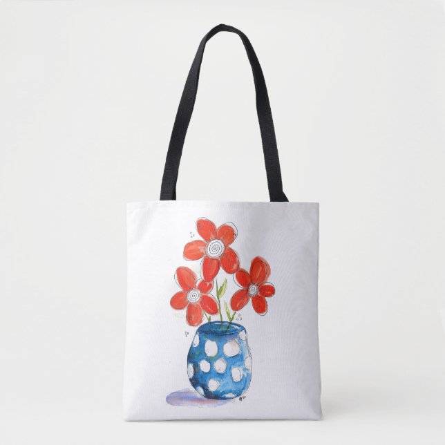 Bolsa Tote Flores de Laranja Whimsical em Vaso Azul (Frente)