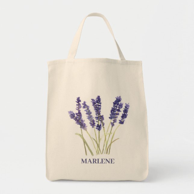 Bolsa Tote Flores de Lavanda em Aquarela Floral Roxa (Frente)