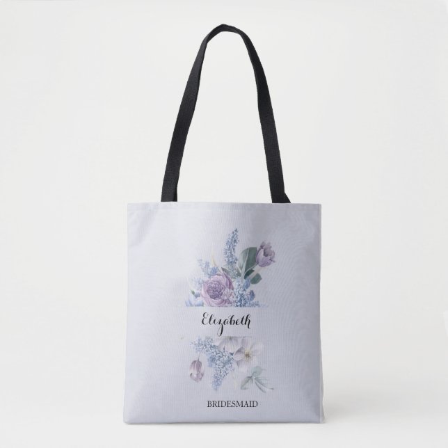Bolsa Tote Flores de Lilac Aquarela Azul Bridesmaid Elegante (Frente)