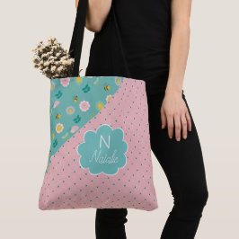 Bolsa Tote Flores de Mola Rosa Tendência Inicial Nome Monogra