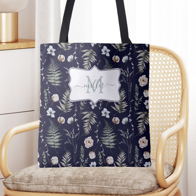 Bolsa Tote Flores de Monograma e Folhas de Samambaia Floral B (In situ)