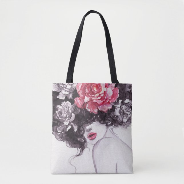 Bolsa Tote Flores De Mulher, Fundo De Aquarela De Moda. (Frente)