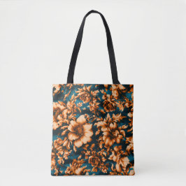 Bolsa Tote Flores de Ouro refinadas e luxuosas, folhas em azu