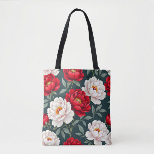 Bolsa Tote Flores de peônia vermelhas e brancas