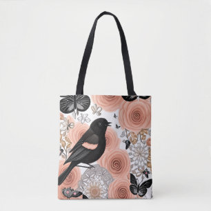 Bolsa Tote Flores de pêssego e carvão, Robin e Borboletas