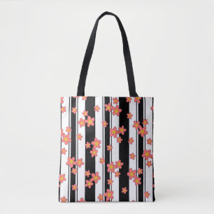Bolsa Tote flores de plumeria cor-de-rosa-chá em fundo listra