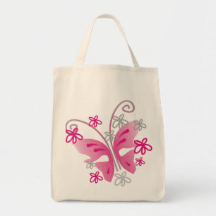 Bolsa Tote Flores De Prata De Borboleta Rosa Bonitas