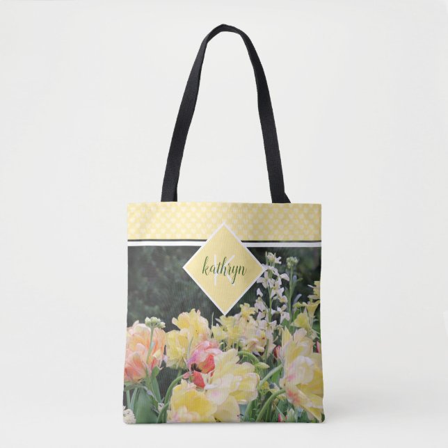Bolsa Tote Flores de primavera Amarelas e Saco de Monograma d (Frente)