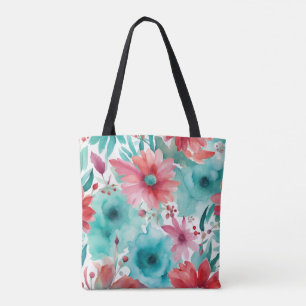 Bolsa Tote Flores de primavera aquarela azul turquesa vermelh