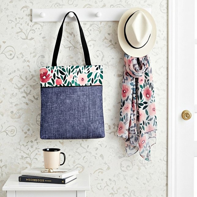 Bolsa Tote Flores de primavera e denim (Criador carregado)