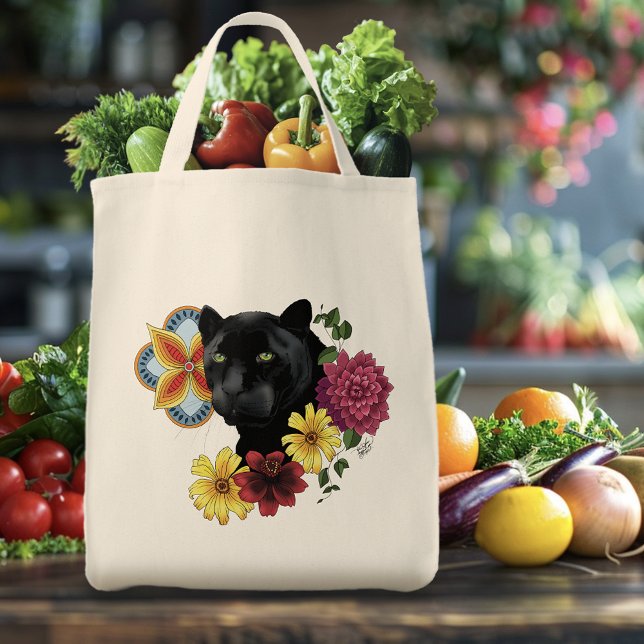 Bolsa Tote Flores de Retrato Jaguar Pretas (Criador carregado)