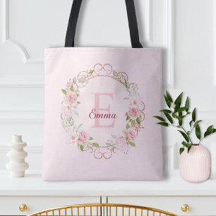 Bolsa Tote Flores de Rosa Cor-de-Rosa em Aquarela Personaliza