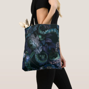 Bolsa Tote Flores de Tentáculo Turquesa Cthulhu Monograma