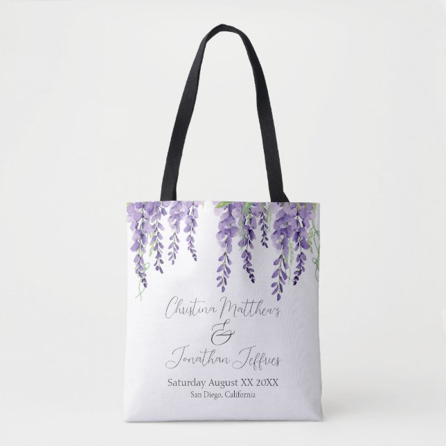 Bolsa Tote Flores de Wisteria Roxo em Branco Elegante (Frente)