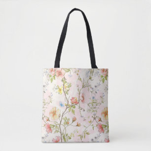 Bolsa Tote flores delicadas com borboleta no estilo chinês