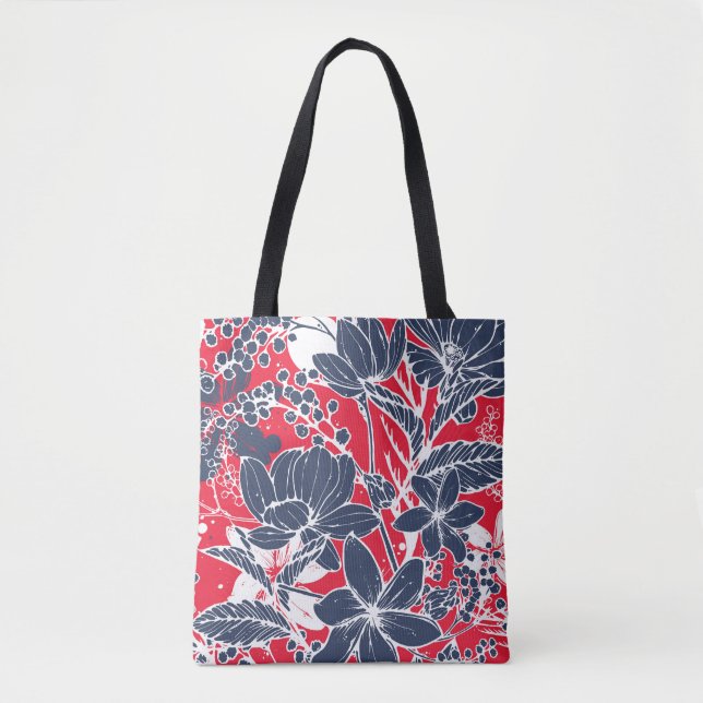 Bolsa Tote Flores Desenhadas À Mão, Padrão Elegante. (Frente)