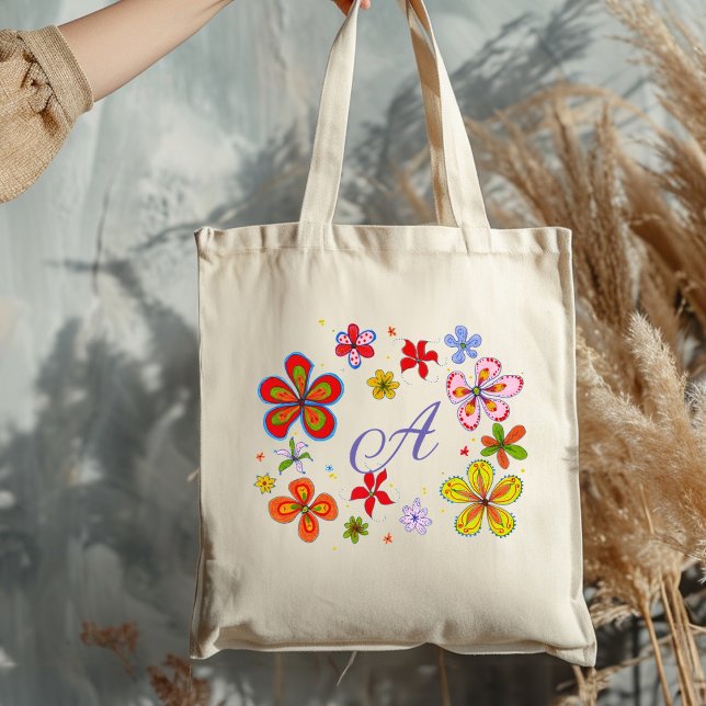 Bolsa Tote Flores Diversas Monograma Ilustrado Inicial (Criador carregado)