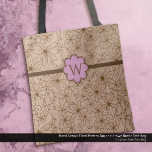 Bolsa Tote Flores-do-campo: Monogramas cor-de-rosa e castanho