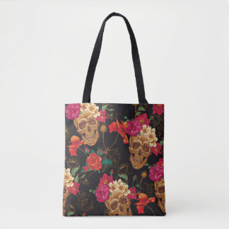 Bolsa Tote Flores Do Crânio: Fundo Escuro Sem Olhos.
