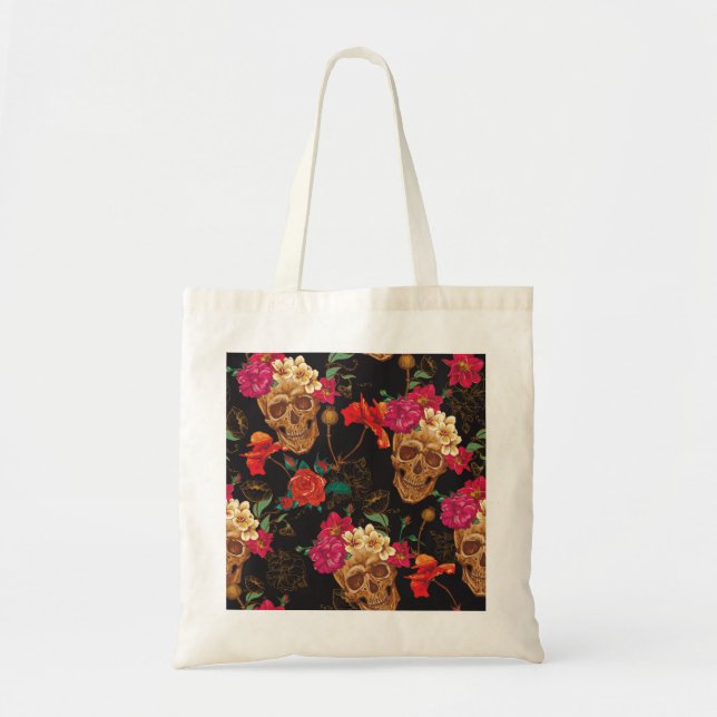 Bolsa Tote Flores Do Crânio: Fundo Escuro Sem Olhos. (Frente)