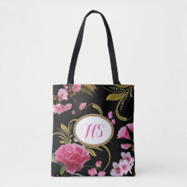 Bolsa Tote Flores do rosa do texto do monograma ou do costume