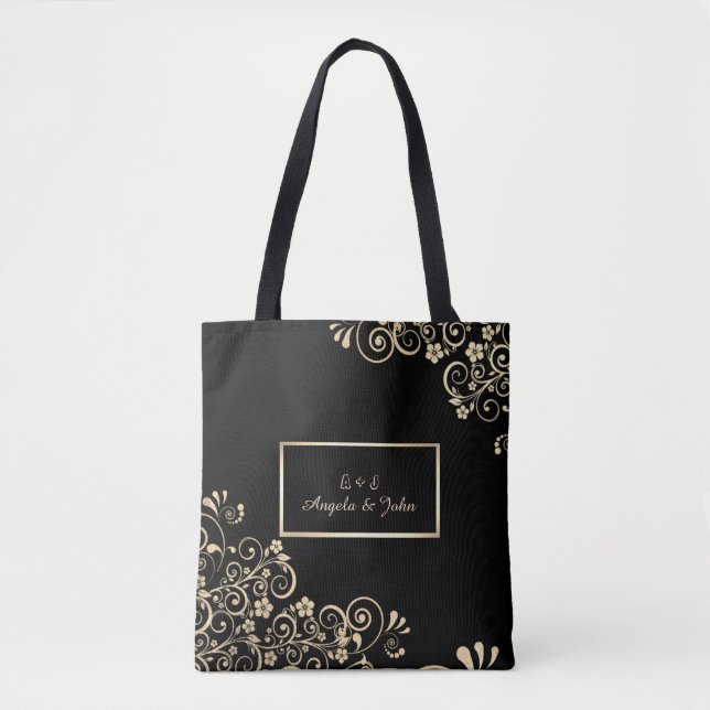 Bolsa Tote Flores Douradas Chic Elegantes, Moldura (Frente)