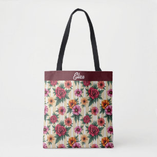 Bolsa Tote Flores Douradas e Vermelhas Rosa em faixas de esta