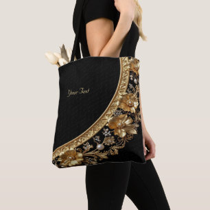 Bolsa Tote Flores Douradas Ornamentadas