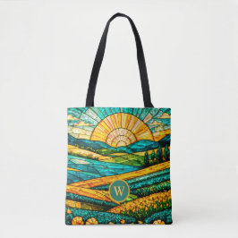 Bolsa Tote Flores Douradas Vidro Pintado Falso Campo Verde