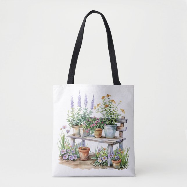 Bolsa Tote Flores e banco de madeira (Frente)