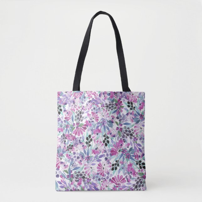 Bolsa Tote Flores e Berries Roxos: Aquarela (Frente)