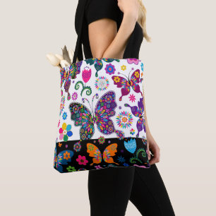 Bolsa Tote Flores e borboletas coloridas