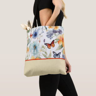 Bolsa Tote Flores e borboletas de aquarelas, bloco de cores
