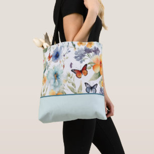 Bolsa Tote Flores e borboletas de aquarelas, bloco de cores
