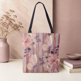Bolsa Tote Flores e Borboletas de Madeira Rústica