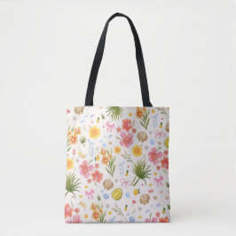 Bolsa Tote Flores E Conchas Tropicais Desenhadas À Mão