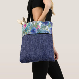 Bolsa Tote Flores e denim, cor-de-água, rosa e azul