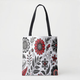 Bolsa Tote Flores e folhas de rabo em vermelho e preto