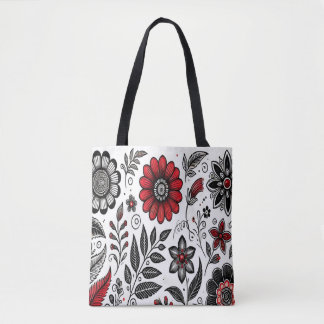 Bolsa Tote Flores e folhas rabiscadas em vermelho e preto