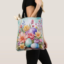 BOLSA TOTE FLORES E OVOS DE PÁSCOA PASTEL COLORIDOS