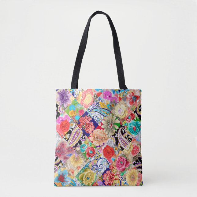 Bolsa Tote Flores e pássaros, sem costura, em planta (Frente)