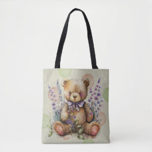 Bolsa Tote Flores E Polkadots De Lavanda De Urso Castanho