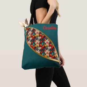 Bolsa Tote Flores Elegantes e Destaques Dourados em Fundo Ver