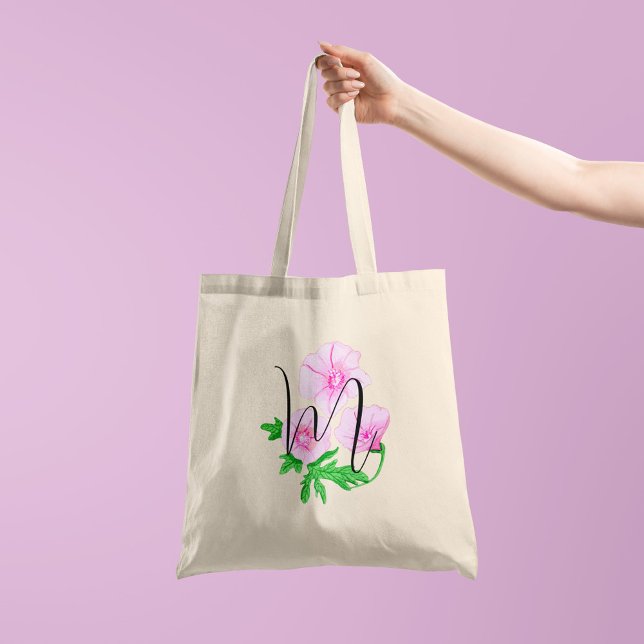 Bolsa Tote Flores em aguarela rosa com a sua inicial 1 lado (Criador carregado)