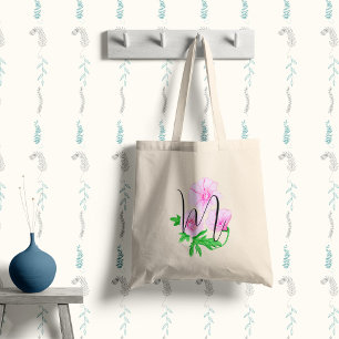 Bolsa Tote Flores em aquarela rosa com a sua inicial