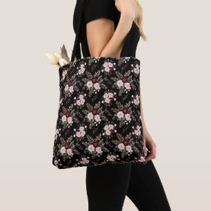 Bolsa Tote Flores em Aquarela Rosa Preto e Borgonha