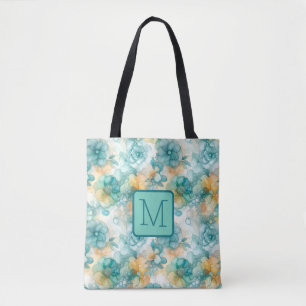 Bolsa Tote Flores em Azul Verde e Amarelo com Monograma de Bl